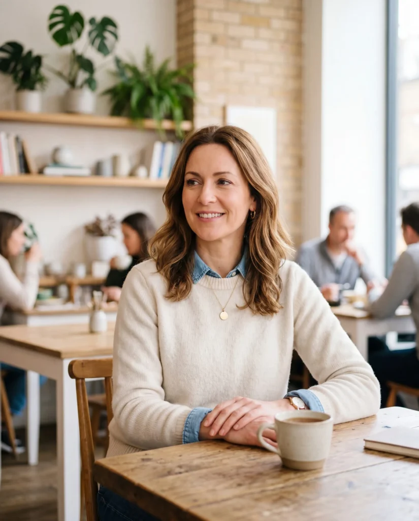Woman smiling at a cafe table